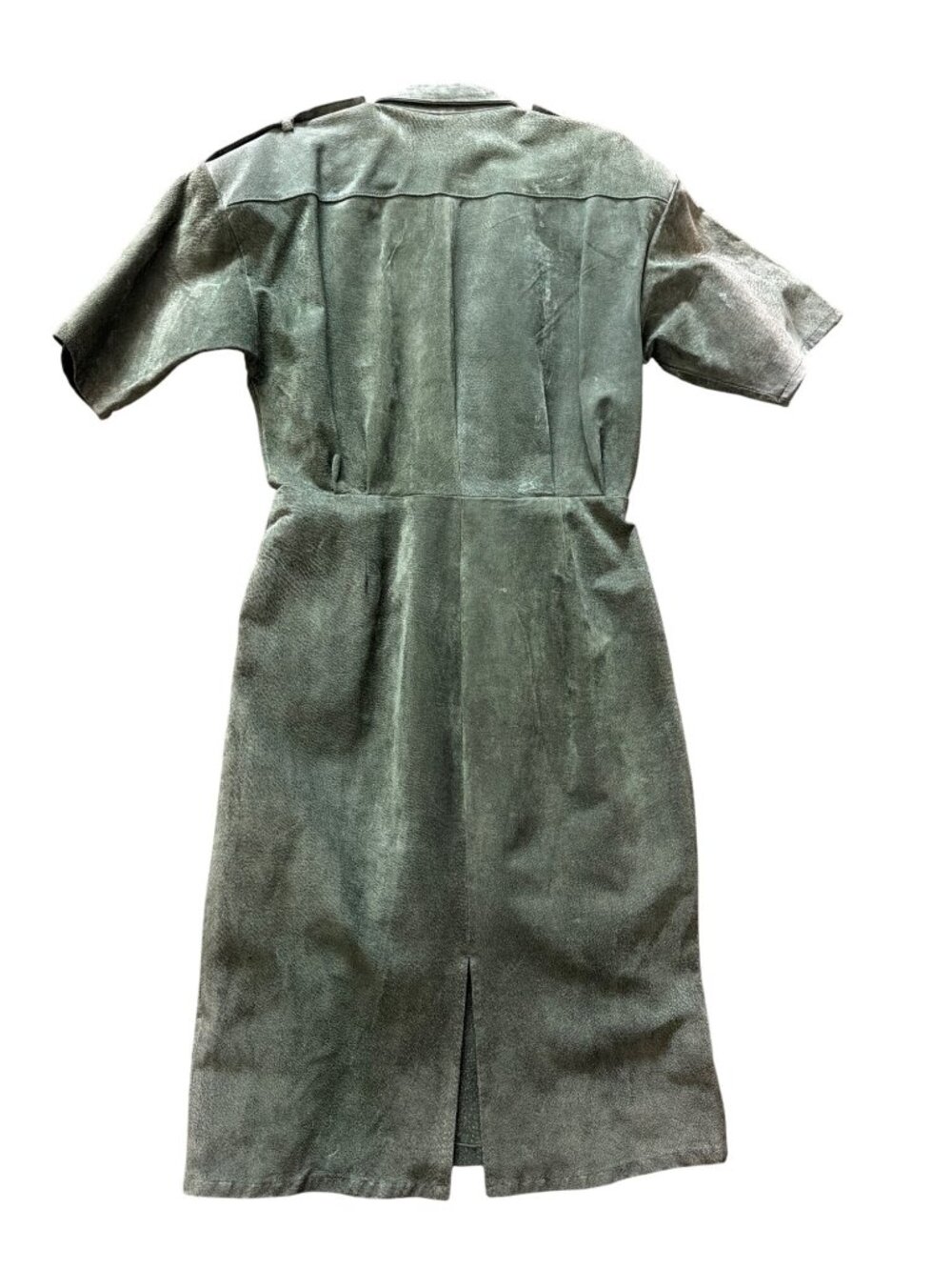 Vintage Della Roufogali Olive Green Suede Leather Safari Shirt Dress Size 10 - Picture 2 of 14